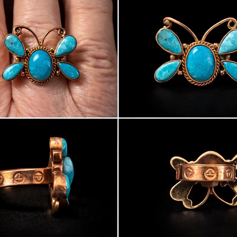 Turquoise Butterfly Ring Adjustable Copper Statement Ring Boho Western Style NEW